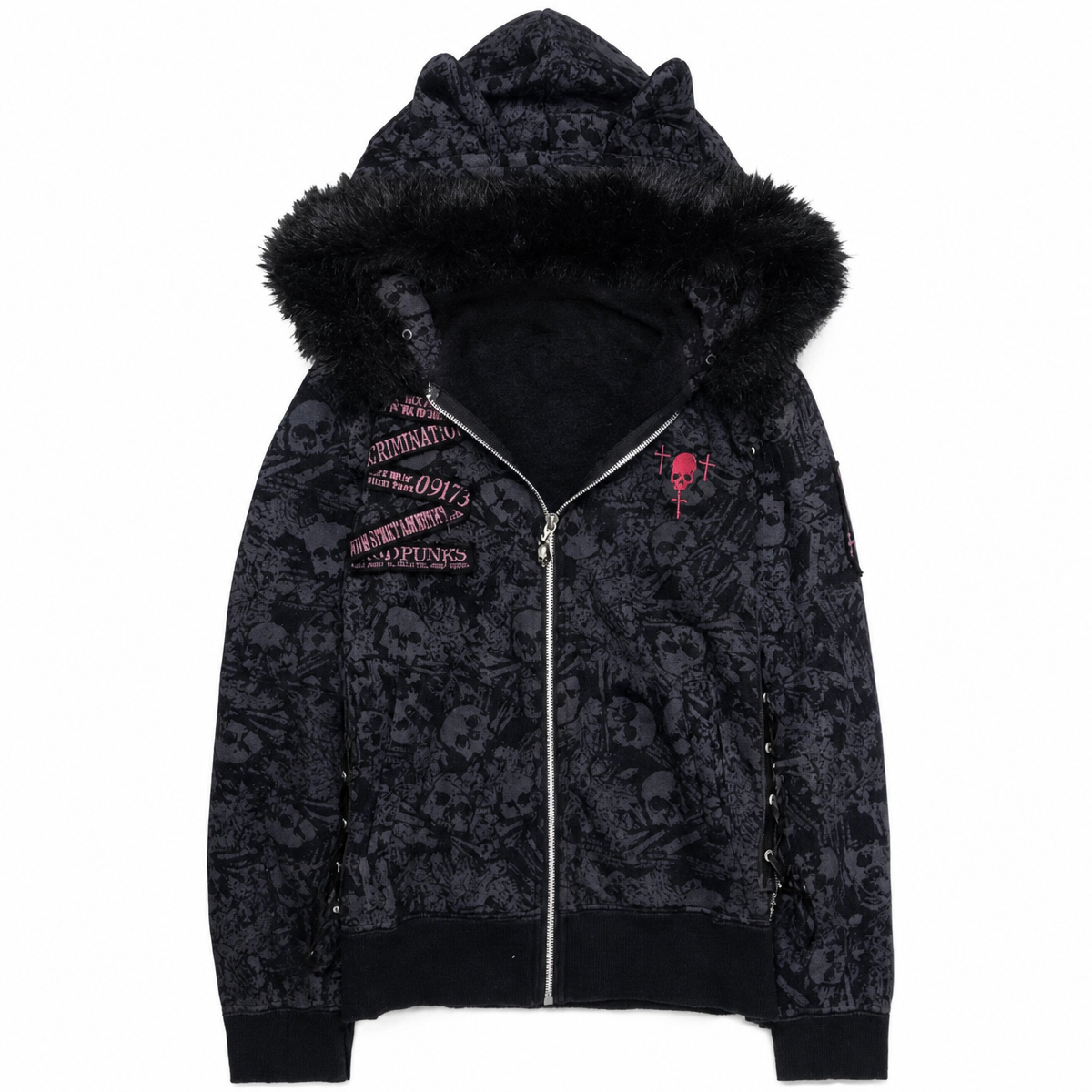 Scene Women's Skull Print Hooded Jacket with Faux-Fur Trim