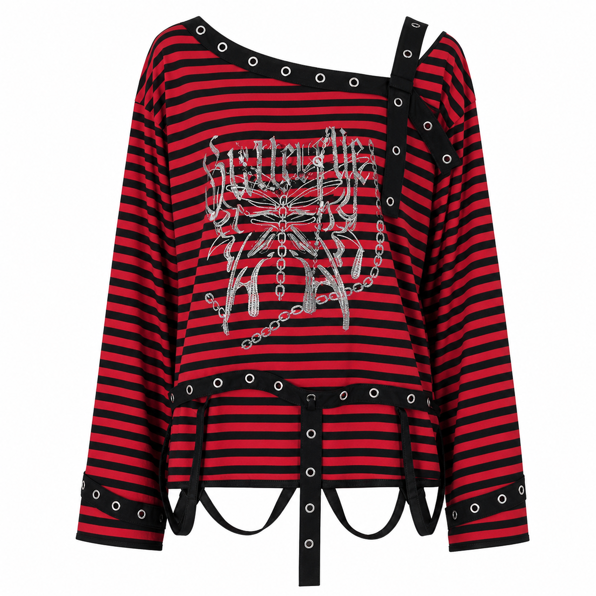 Scene Striped Graphic Long-Sleeve Top with Grommet Details