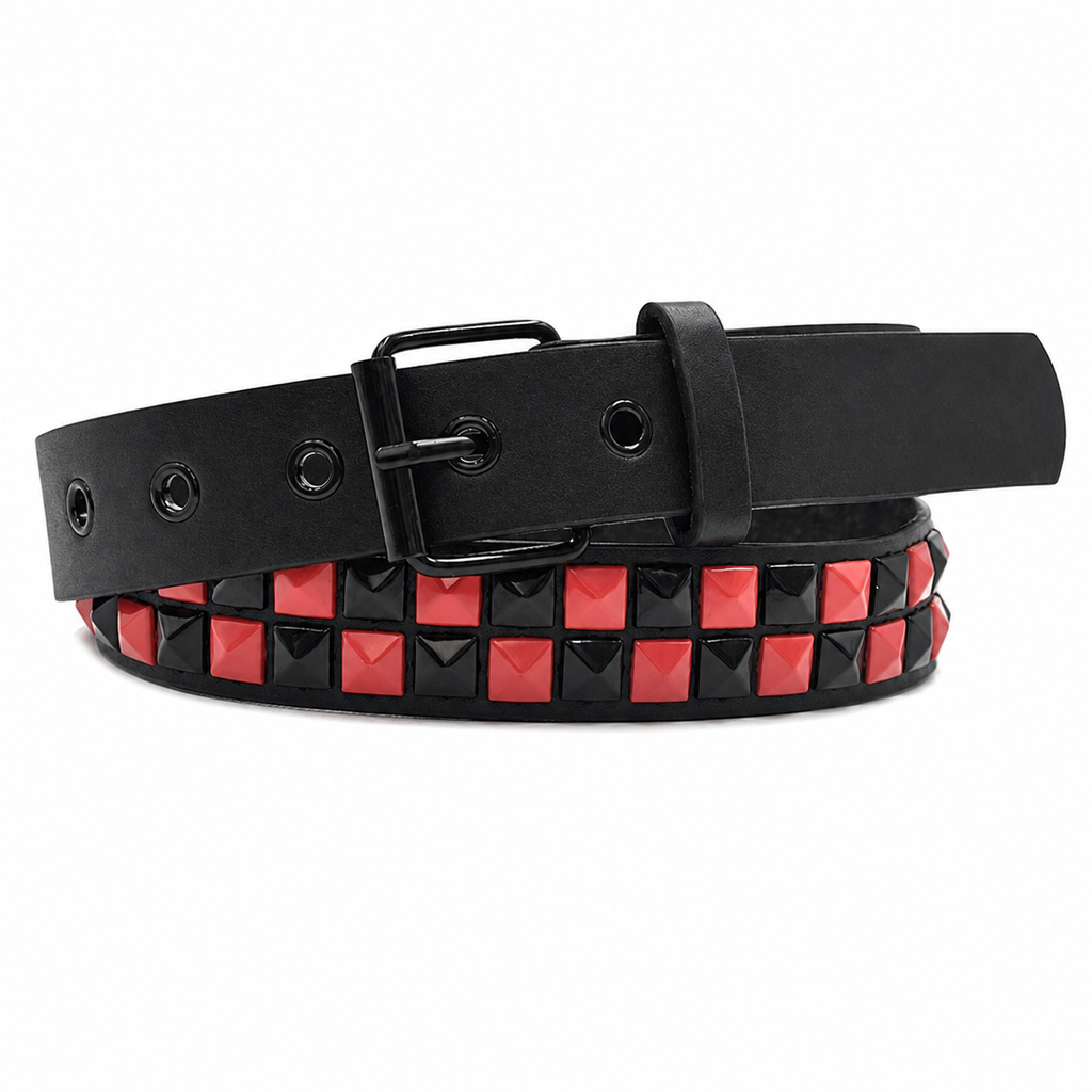 Pyramid Stud PU Belt with Square Rivets – Black with Red, White or Purple Accents