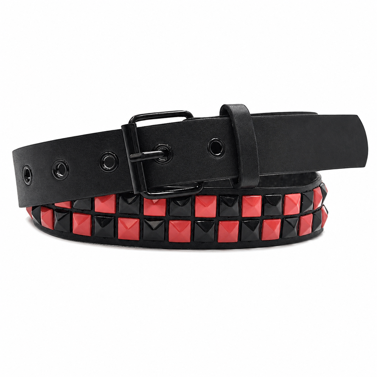 Pyramid Stud PU Belt with Square Rivets – Black with Red, White or Purple Accents