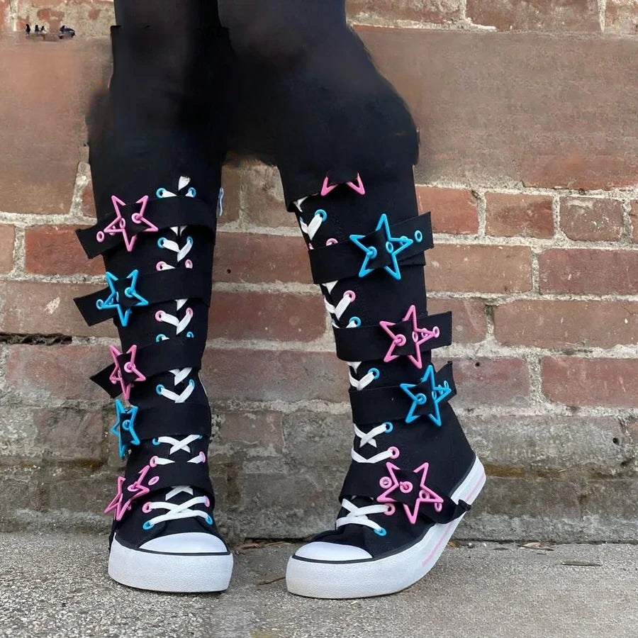 Scene Black Canvas Star-Buckle Knee-High Boots - view 2