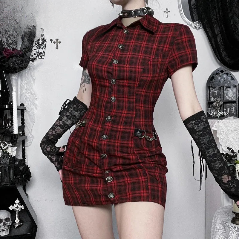 Scene Women's Red Plaid Gothic Mini Dress with Chain Details - view 2