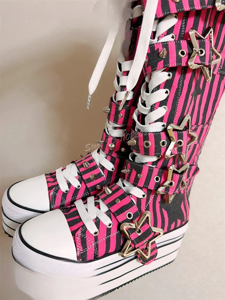 Scene Rose Red Striped Knee-High Platform Boots with Star Buckle Straps - view 2