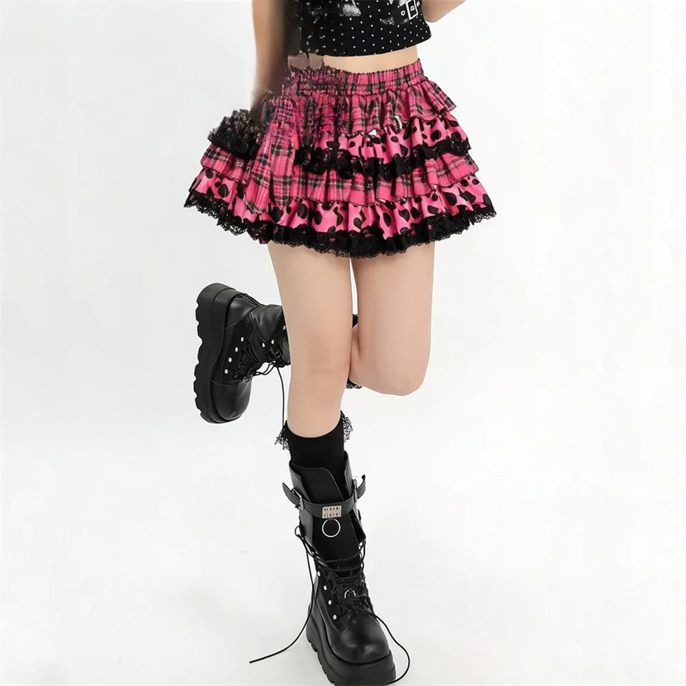 Scene Pink Plaid & Leopard Print Ruffle Mini Skirt with Lace Trim - view 2