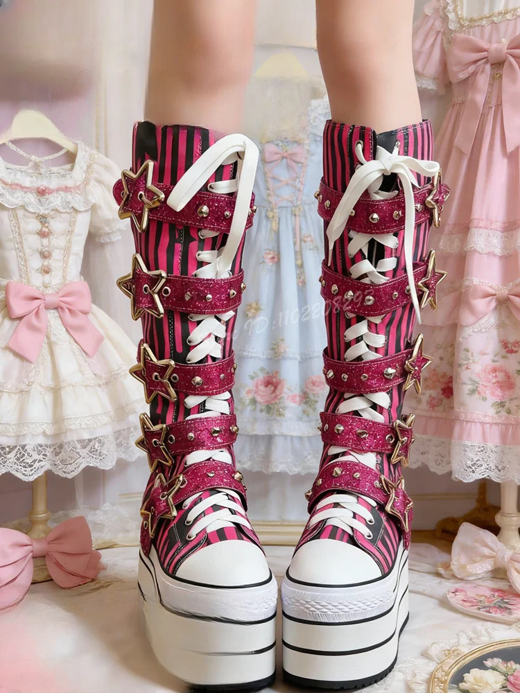 Scene Rose Red Striped Knee-High Platform Boots with Star Buckle Straps - view 3