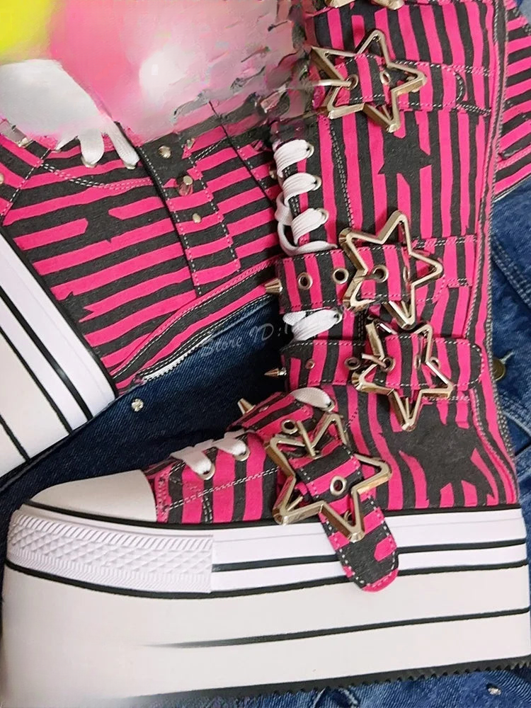 Scene Rose Red Striped Knee-High Platform Boots with Star Buckle Straps - view 4