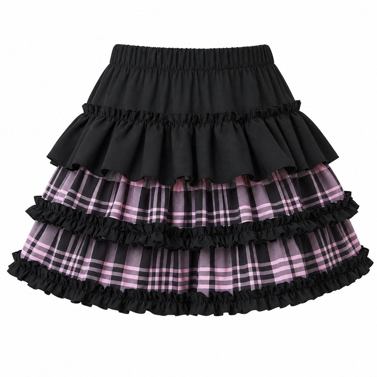 Scene Black and Pink Plaid Ruffle Layered Mini Skirt