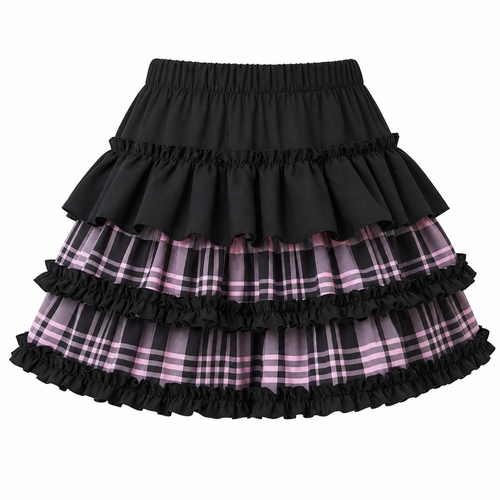 Black and Pink Plaid Ruffle Layered Mini Skirt