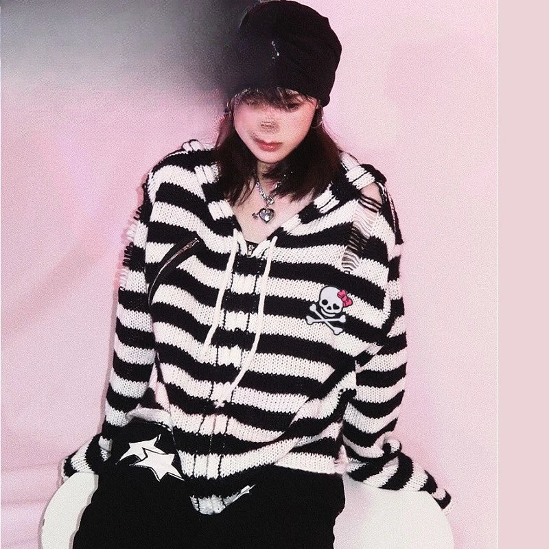 Women's Scene Striped Skull Graphic Hooded Knit Cardigan - view 6