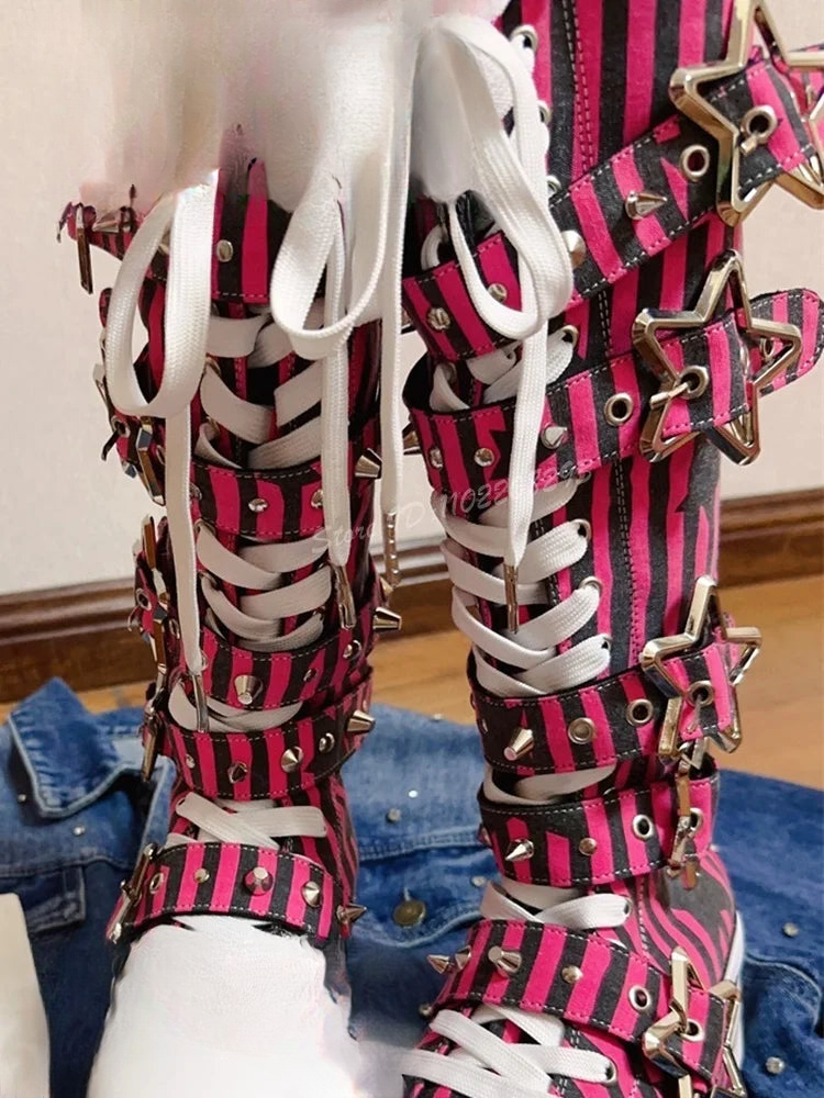 Scene Rose Red Striped Knee-High Platform Boots with Star Buckle Straps - view 5