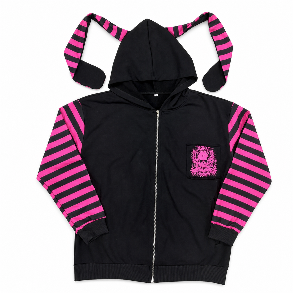 Women's Black and Pink Skull Print Zip-Up Hoodie