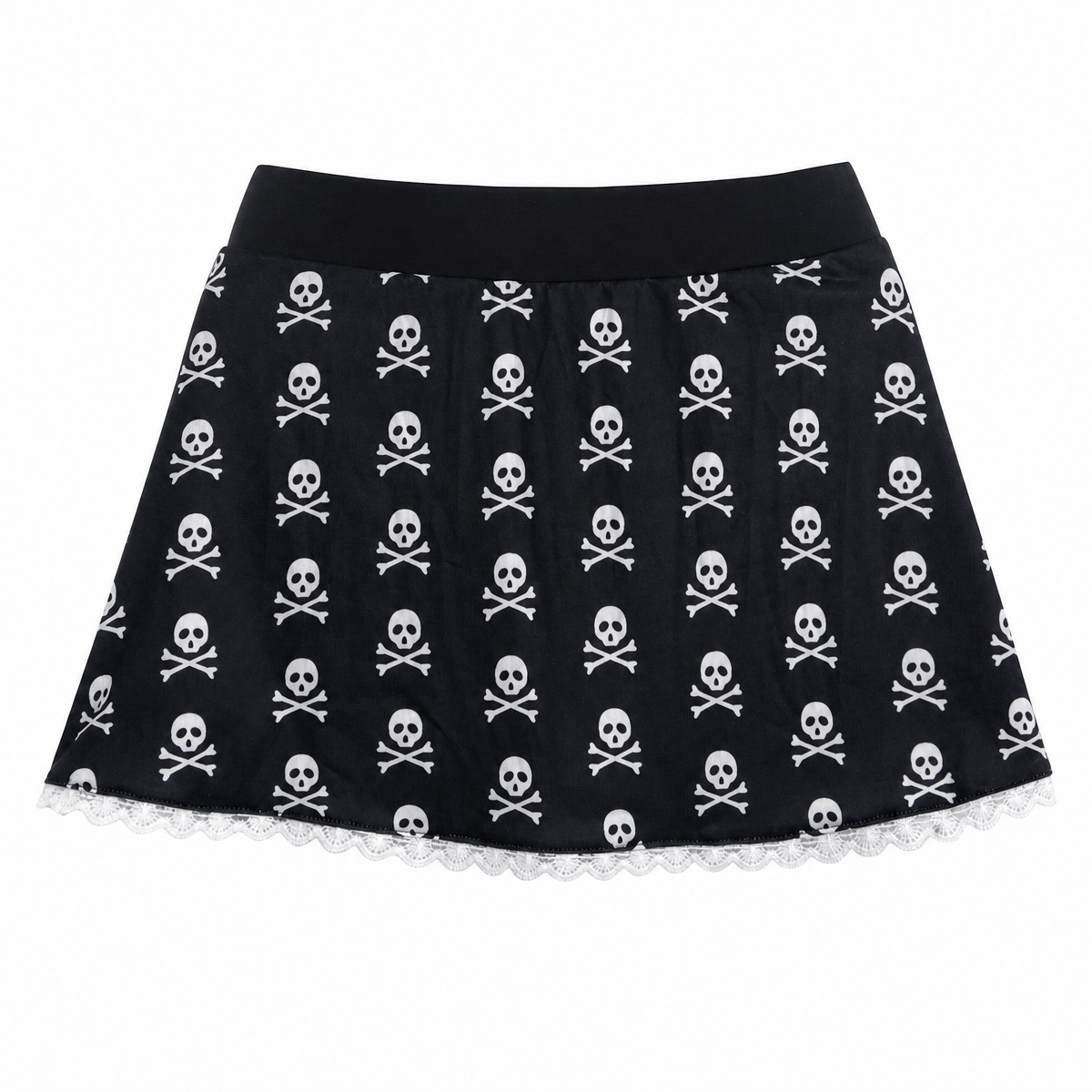 Black Skull Print Mini Skirt with Lace Trim