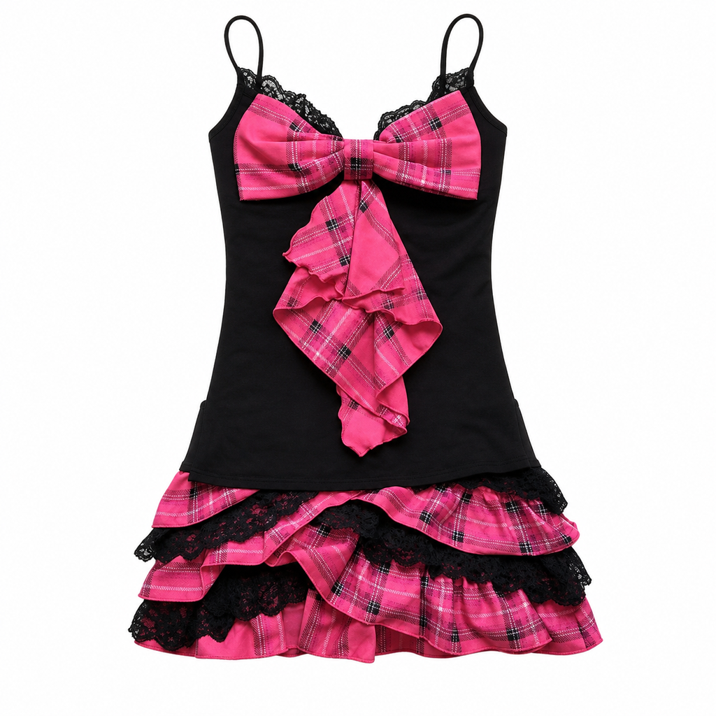 Black and Pink Plaid Bow-Front Lace-Trim Camisole Dress