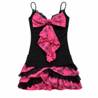 Black and Pink Plaid Bow-Front Lace-Trim Camisole Dress