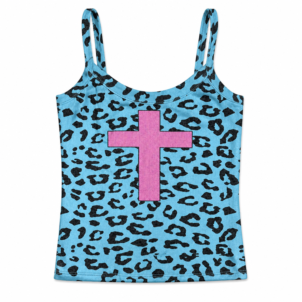 Scene Blue Leopard Print Camisole with Pink Cross on a white background