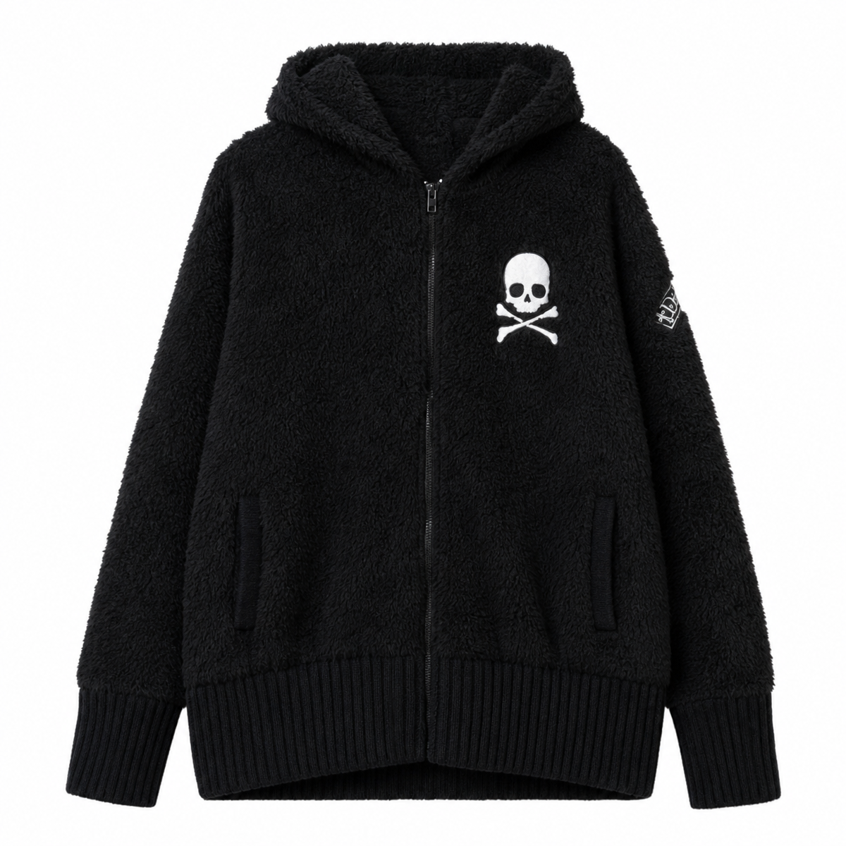 Scene Black Skull & Crossbones Sherpa-Fleece Zip Hoodie Jacket