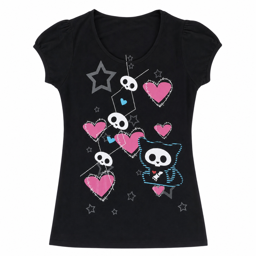 Women's Black Skull and Heart Graphic Top