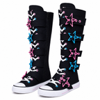Black Canvas Star-Buckle Knee-High Boots