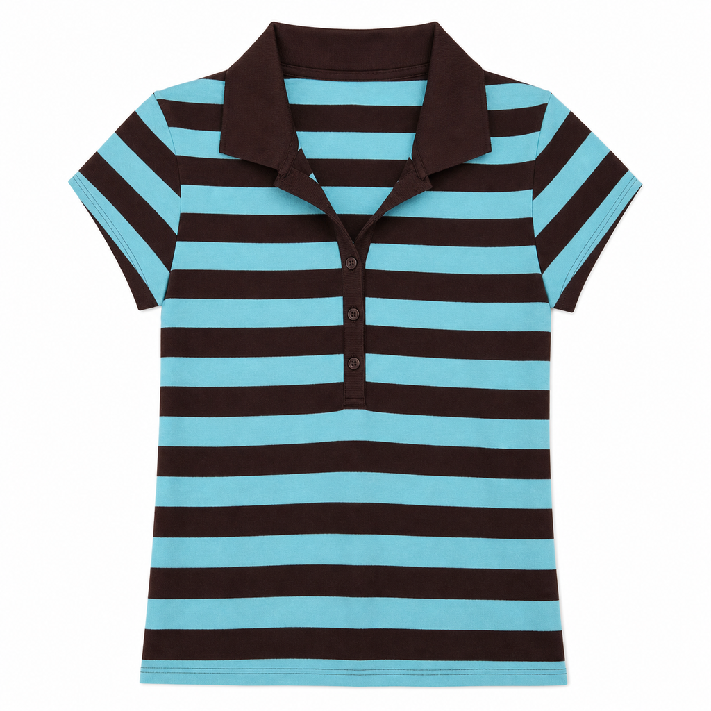 Women's Blue and Brown Striped Polo Shirt