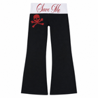 Women's Black Wide-Leg Pants with Skull and Crossbones Graphic