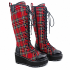 Red Plaid Knee-High Lace-Up Platform Boots