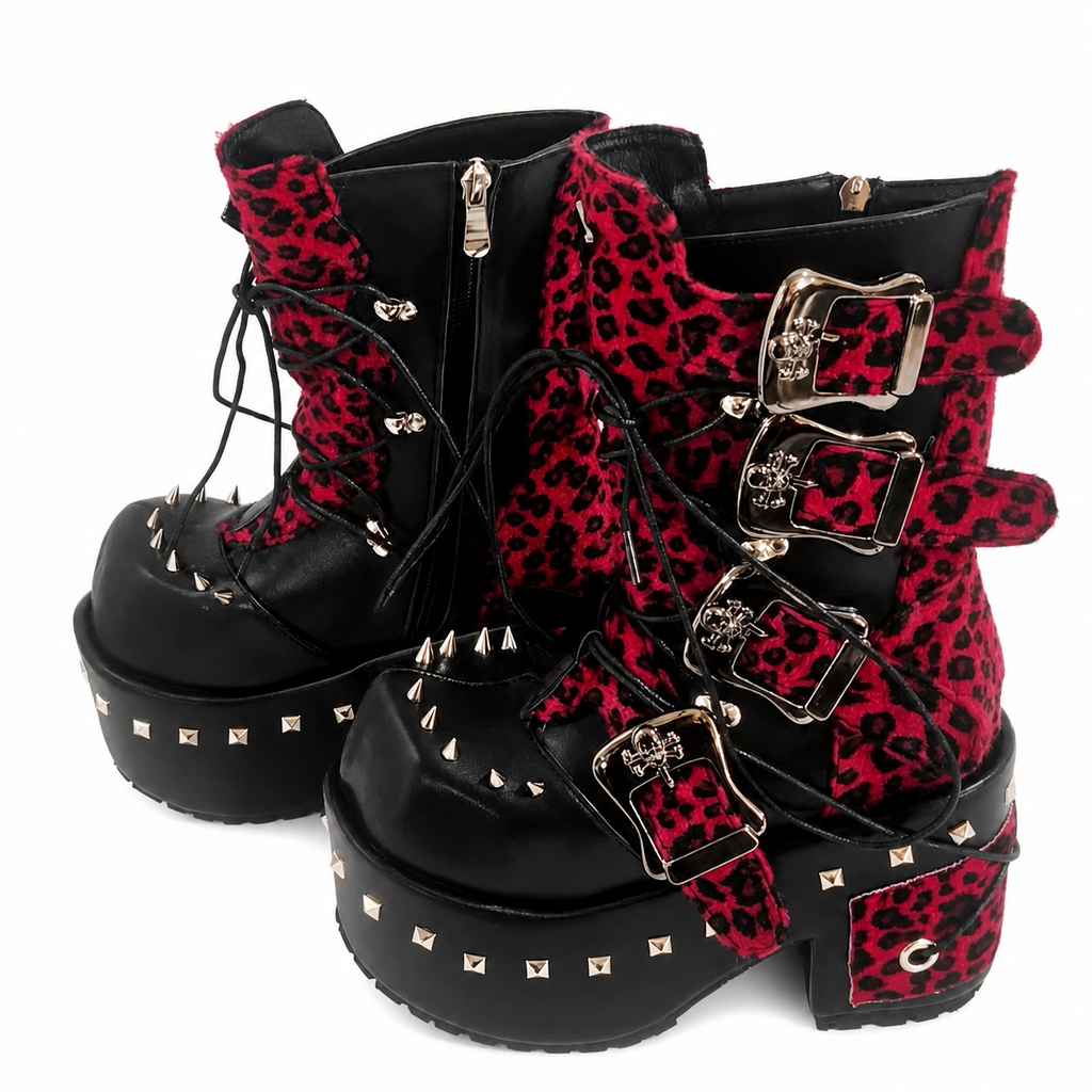 Leopard Print Platform Boots with Buckles and Rivets