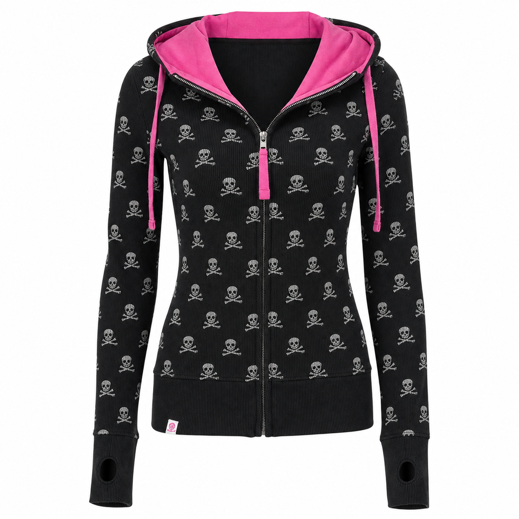 Women's Black Skull Print Zip-Up Hooded Sweatshirt