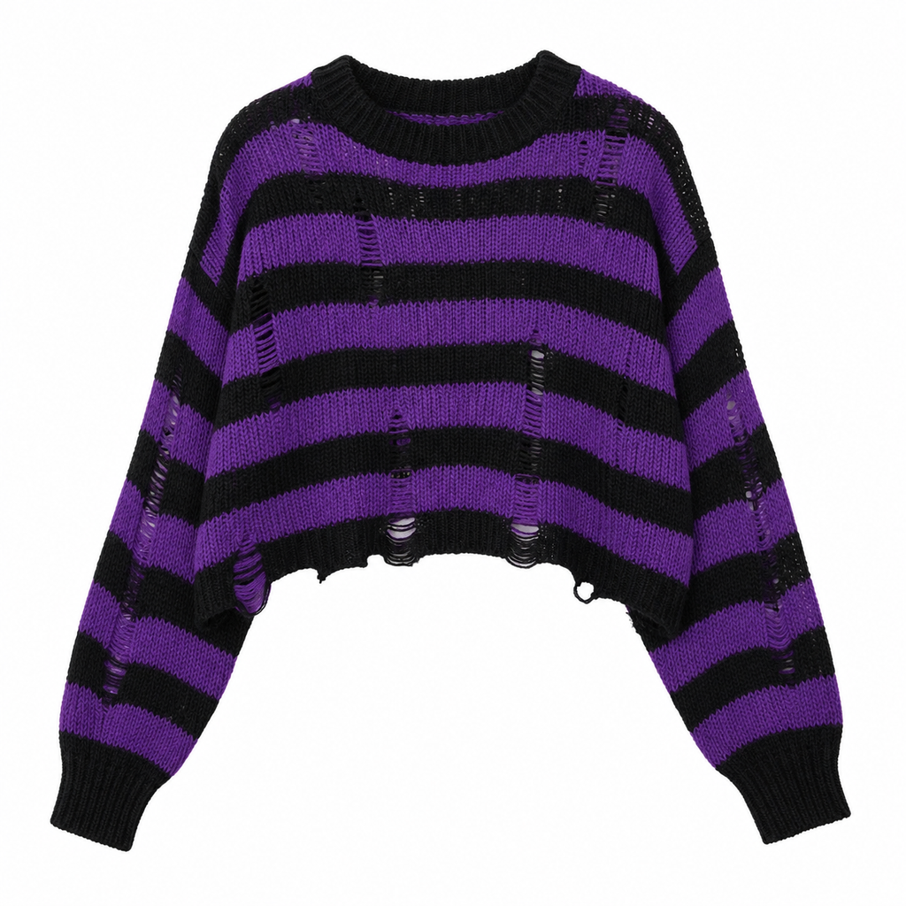 Striped Distressed Knit Pullover Sweater