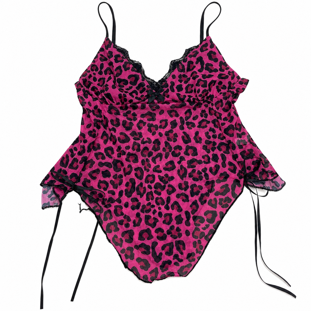 Pink Leopard Print Lace-Trim Camisole Top