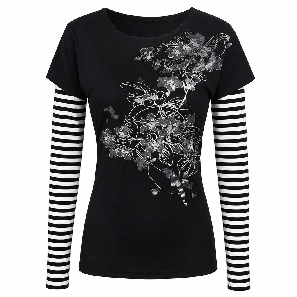 Women's Black Floral Print Layered-Look T-Shirt with Striped Sleeves