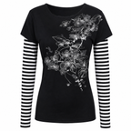 Women's Black Floral Print Layered-Look T-Shirt with Striped Sleeves
