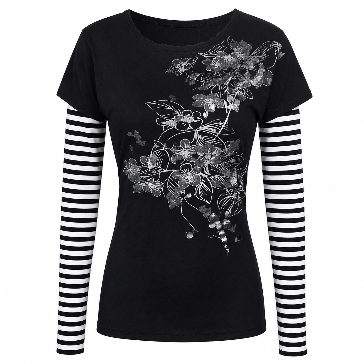 Women's Black Floral Print Layered-Look T-Shirt with Striped Sleeves