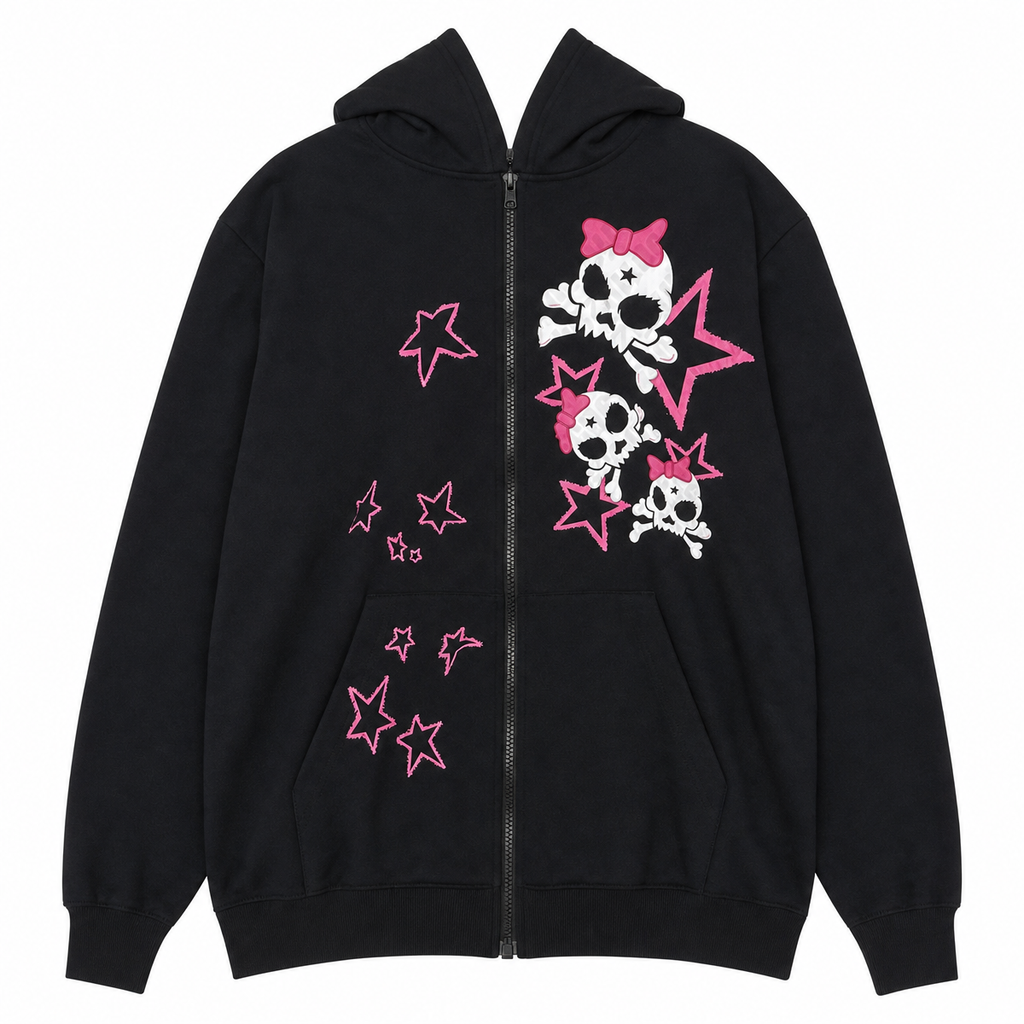 Women's Black Skull and Star Zip-Up Hoodie