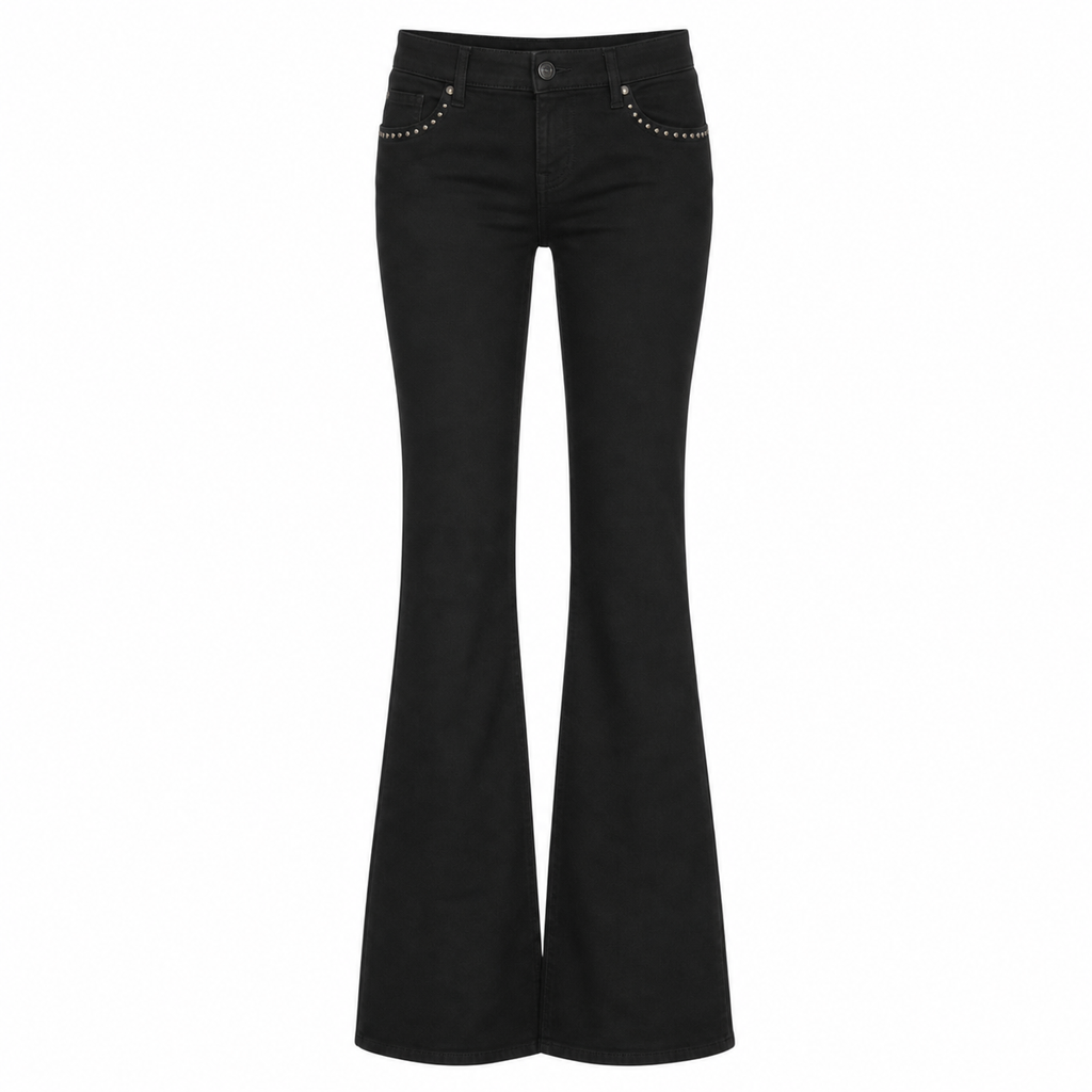 Women's Black Low-Rise Flared Jeans with Rivet Detail
