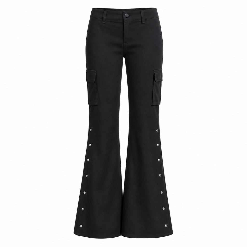 Black Low-Waisted Flared Pants with Rivet Details