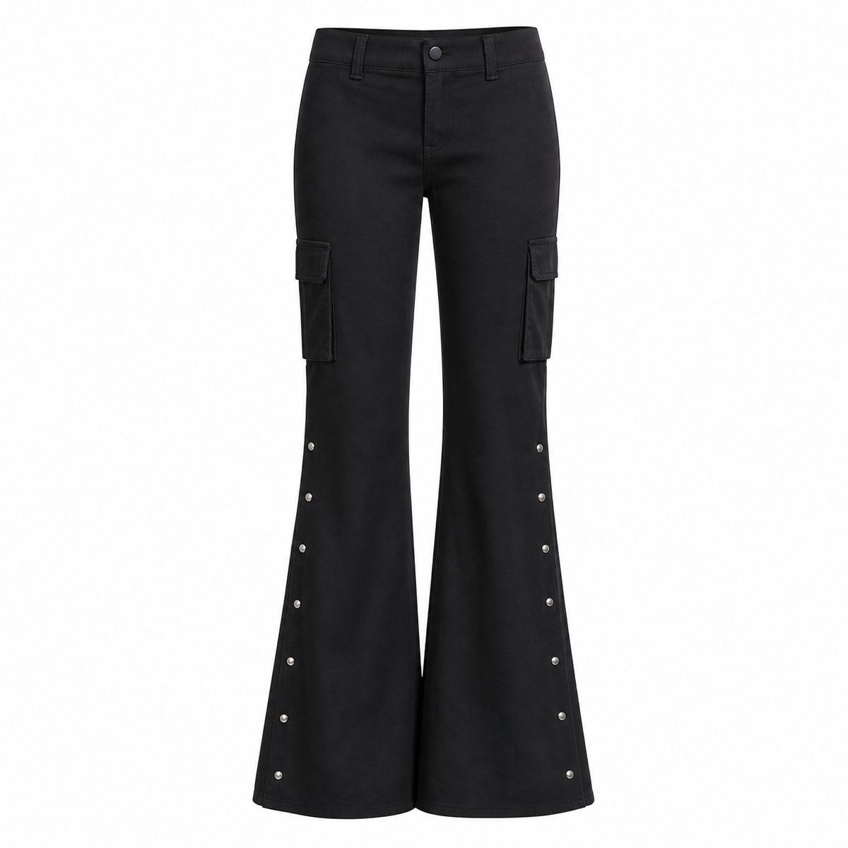 Black Low-Waisted Flared Pants with Rivet Details