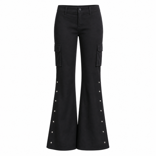Black Low-Waisted Flared Pants with Rivet Details
