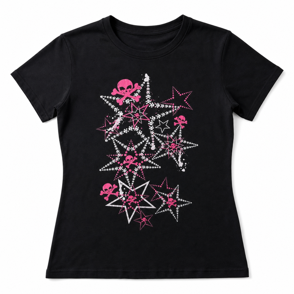 Women's Black Graphic T-Shirt – Pink & White Skull and Star Print