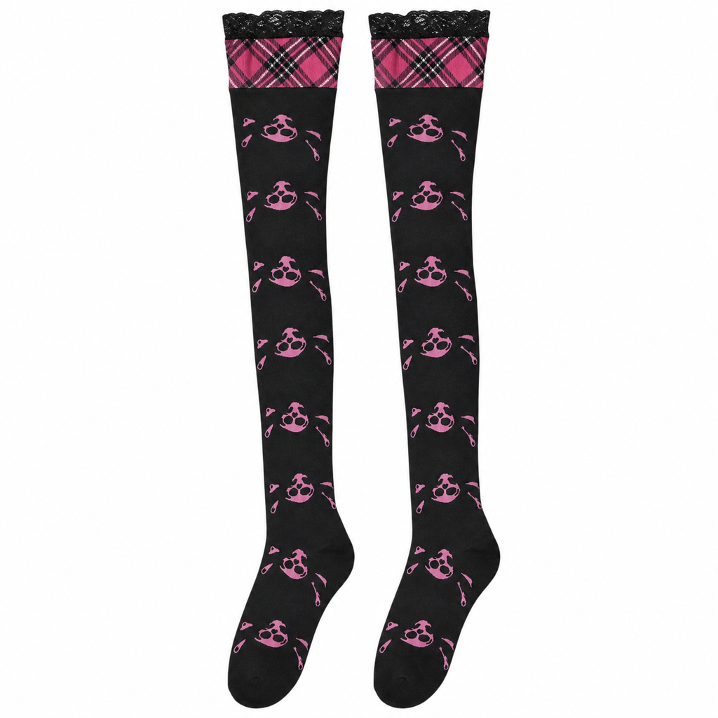 Black and Pink Skull Print Thigh-High Socks