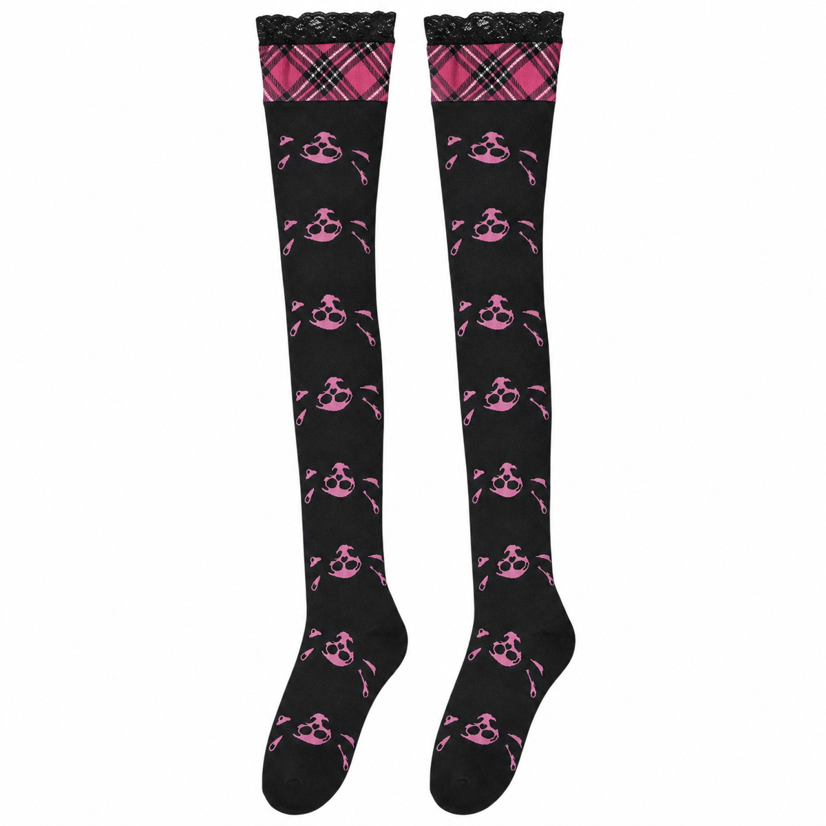 Black and Pink Skull Print Thigh-High Socks
