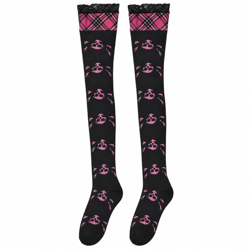 Black and Pink Skull Print Thigh-High Socks