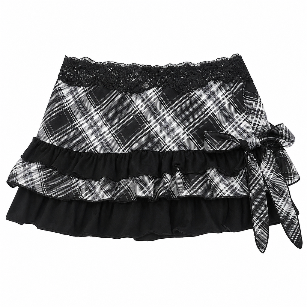 Women's Black and White Plaid Lace-Trim Mini Skirt