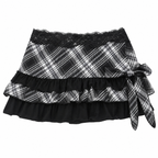 Women's Black and White Plaid Lace-Trim Mini Skirt