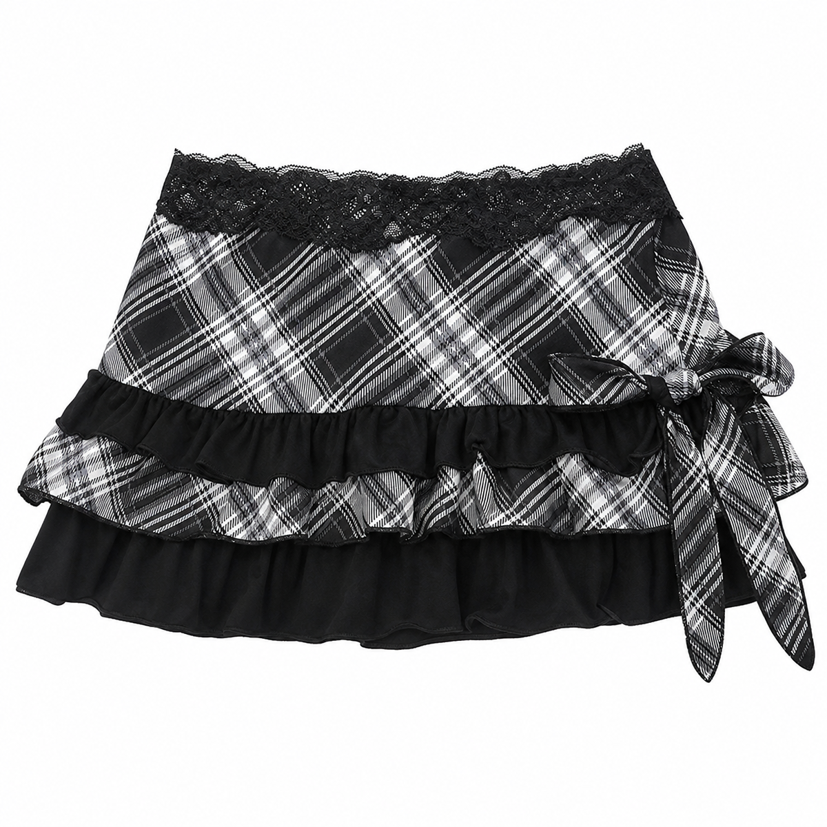 Women's Black and White Plaid Lace-Trim Mini Skirt