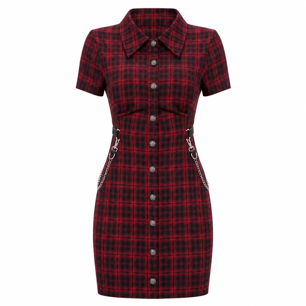 Women's Red Plaid Gothic Mini Dress with Chain Details