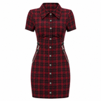 Women's Red Plaid Gothic Mini Dress with Chain Details