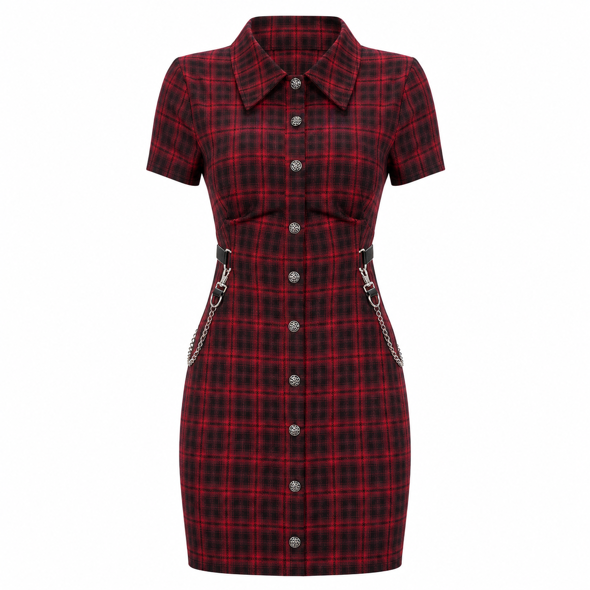 Women's Red Plaid Gothic Mini Dress with Chain Details