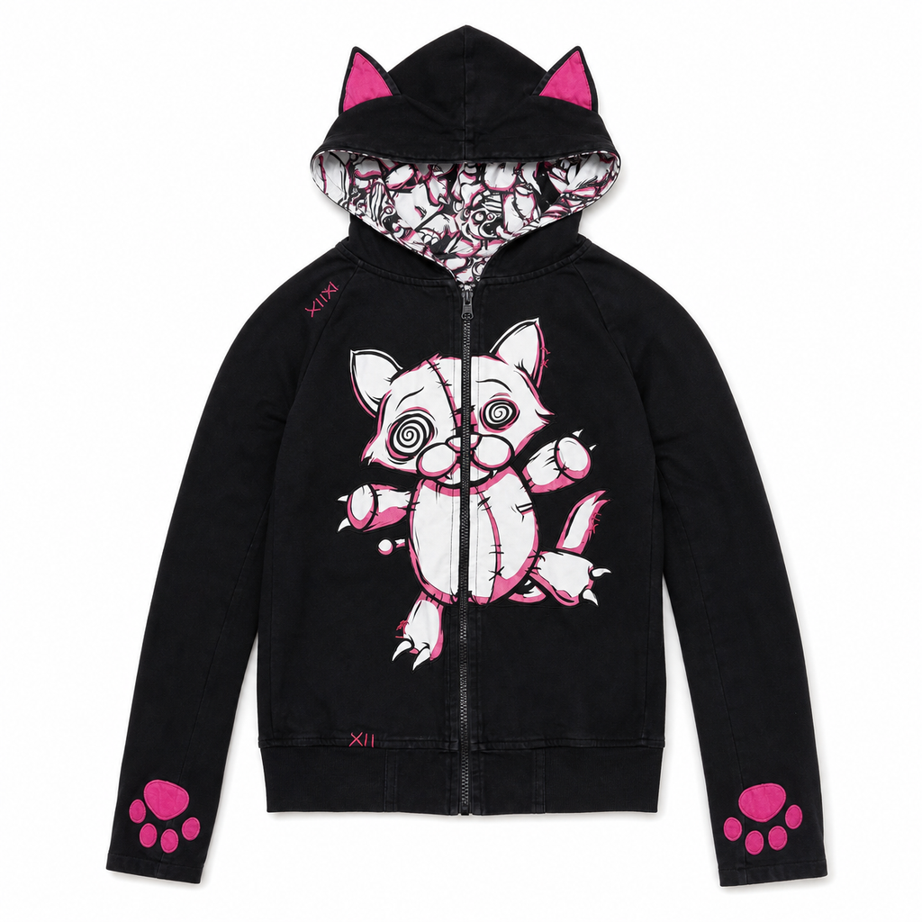 Cat-Ear Reversible Zip Hoodie with Pink Cartoon Cat Print