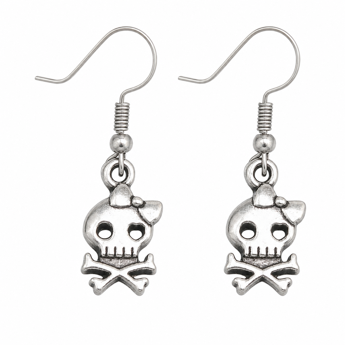 Antique Silver Skull and Bow Drop Earrings