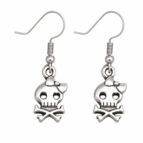 Antique Silver Skull and Bow Drop Earrings